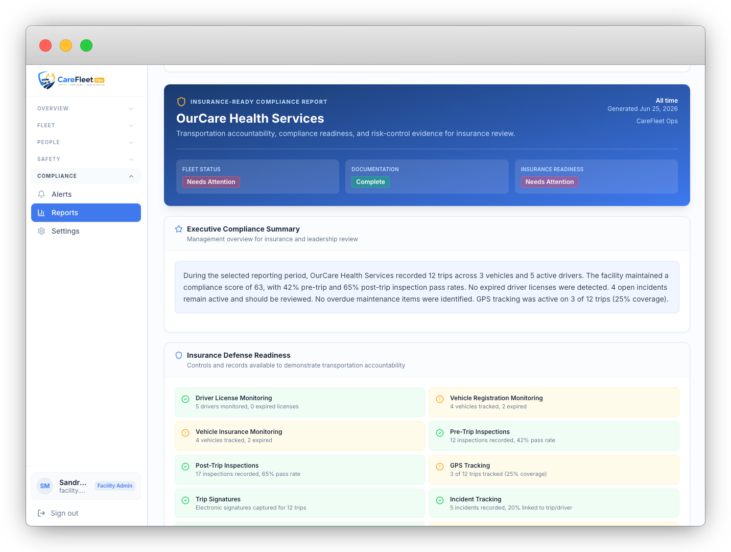 CareFleet Ops fleet operations platform showing vehicles, trips, inspections, and compliance