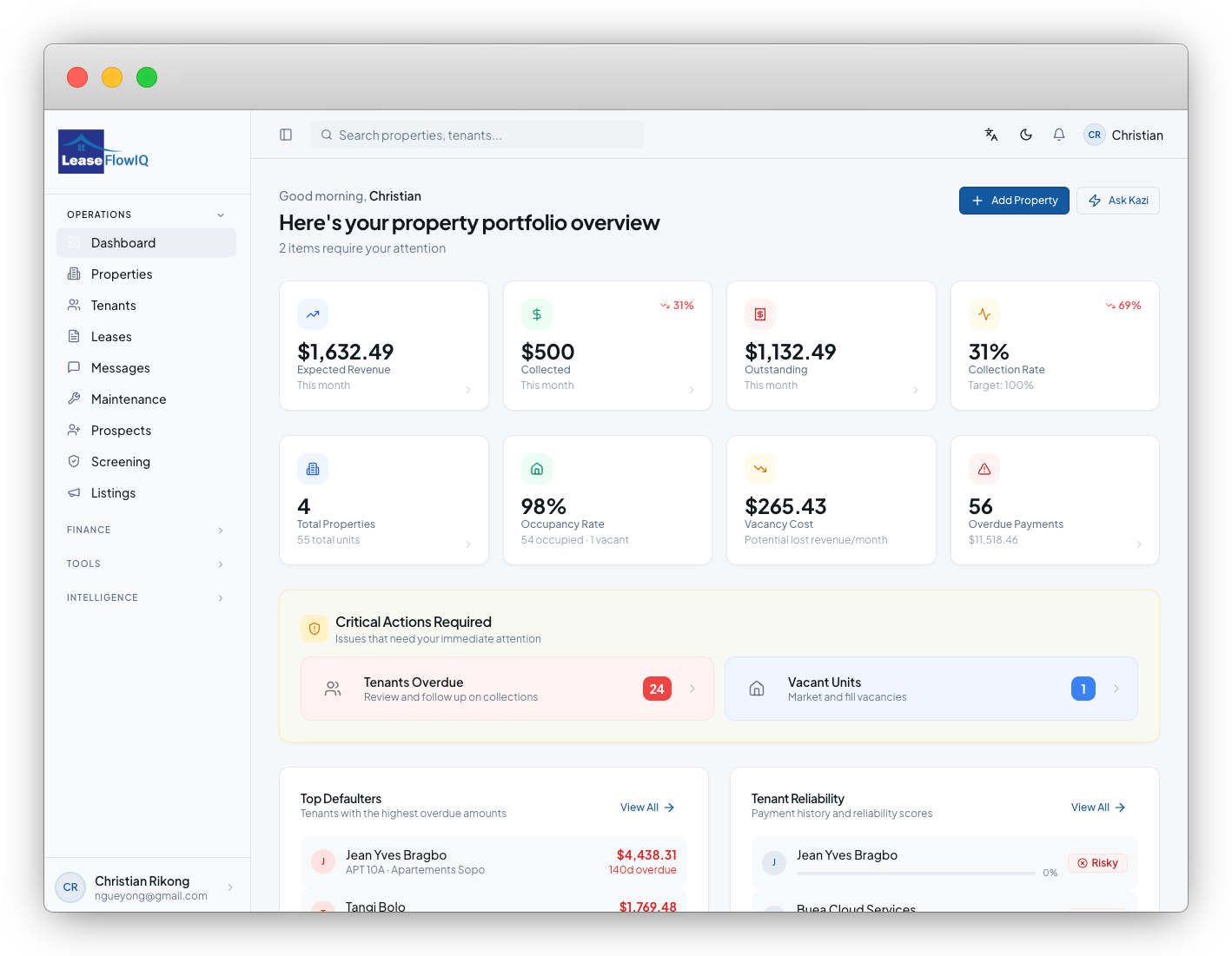 LeaseFlowIQ property leasing operations platform showing leasing pipeline and tenant workflows