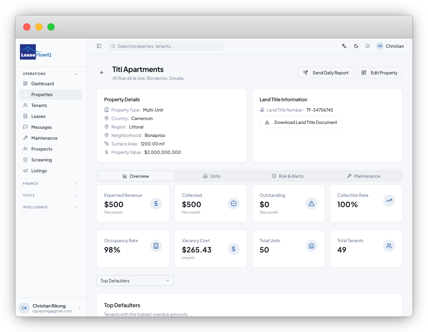 LeaseFlowIQ property leasing operations platform showing leasing pipeline and tenant workflows