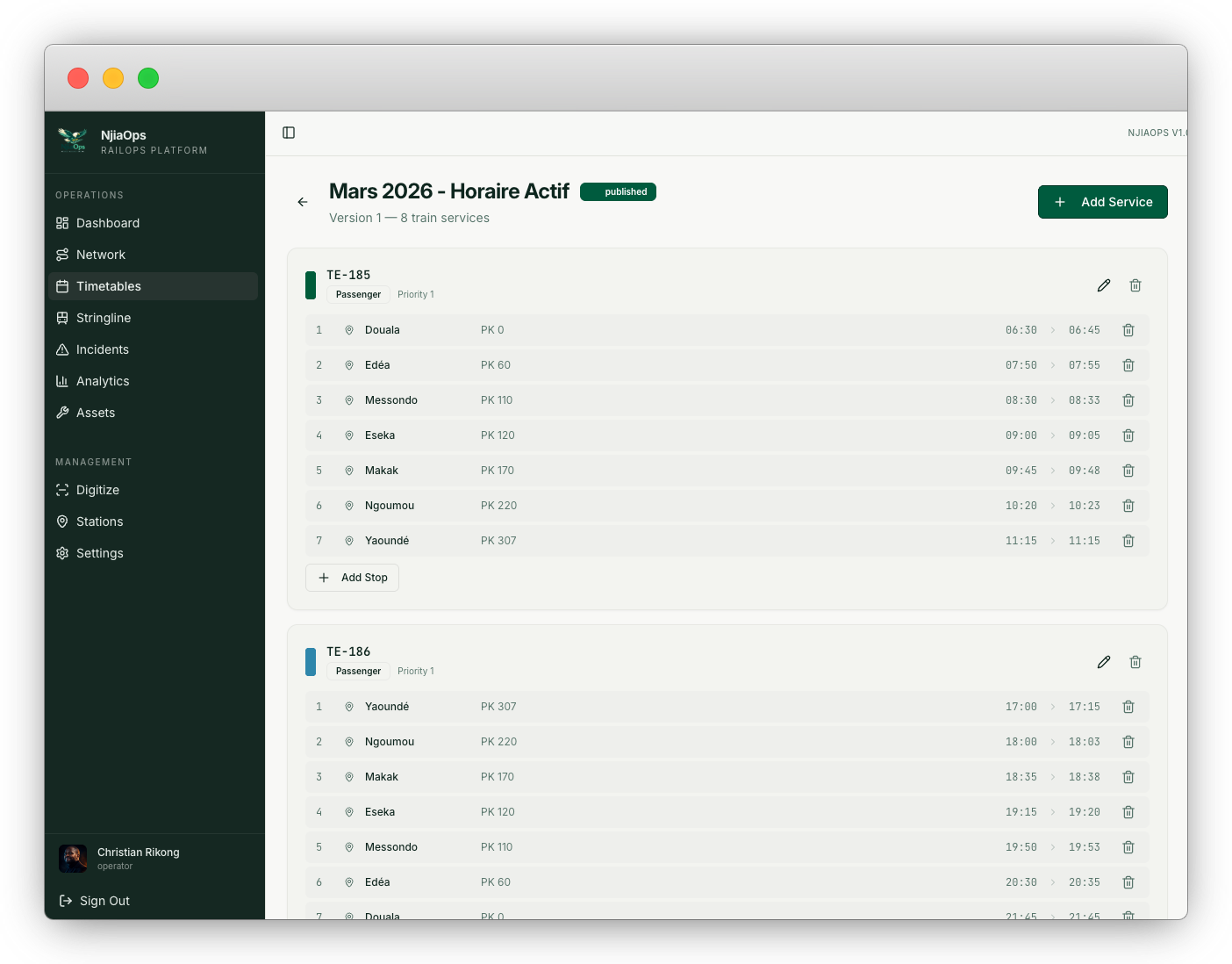 NjiaOps transportation and rail operations platform showing incidents, assets, inspections, and operational reporting