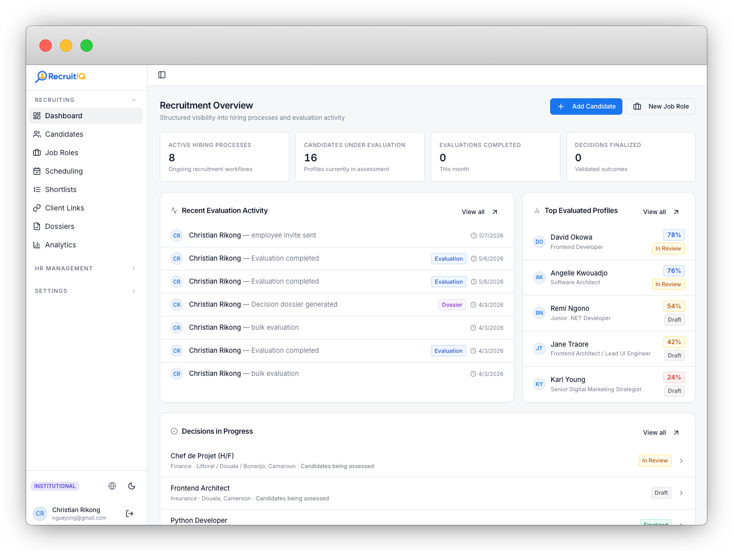 RecruitIQ hiring execution platform showing recruitment pipeline and decision tracking