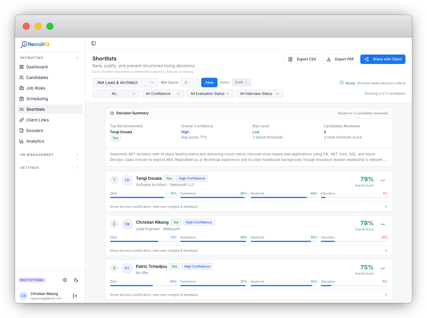 RecruitIQ hiring execution platform showing recruitment pipeline and decision tracking