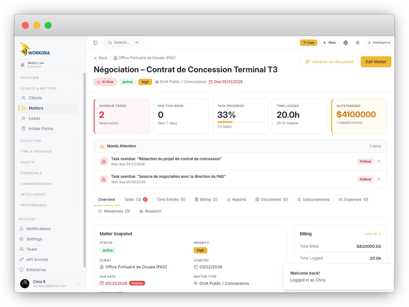 Workora platform supporting matter visibility, deadline tracking, and team accountability