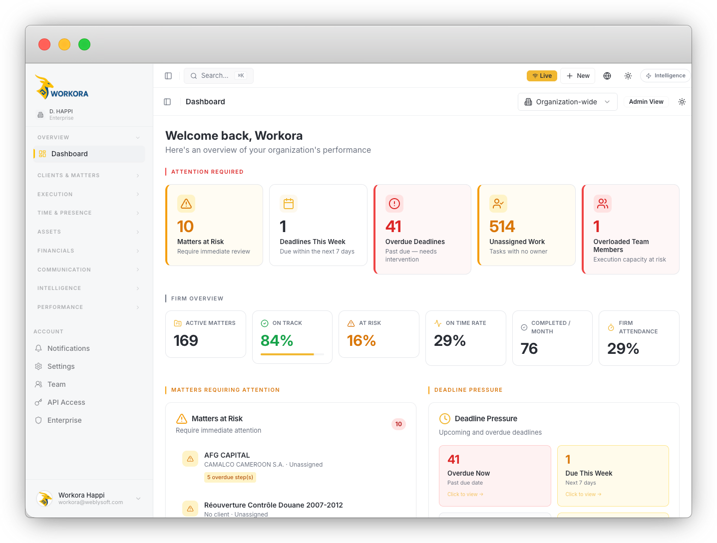 Workora professional services execution platform showing matter and task visibility